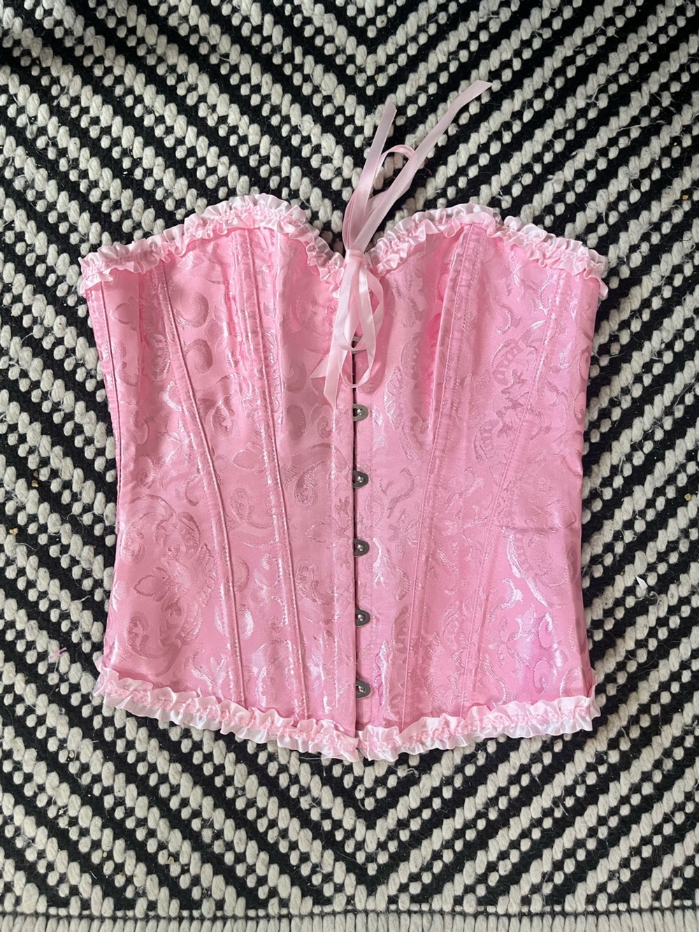 Pink Floral Damask Corset Top Lace Up Back Ruffle Trim Feminine Coquette XS